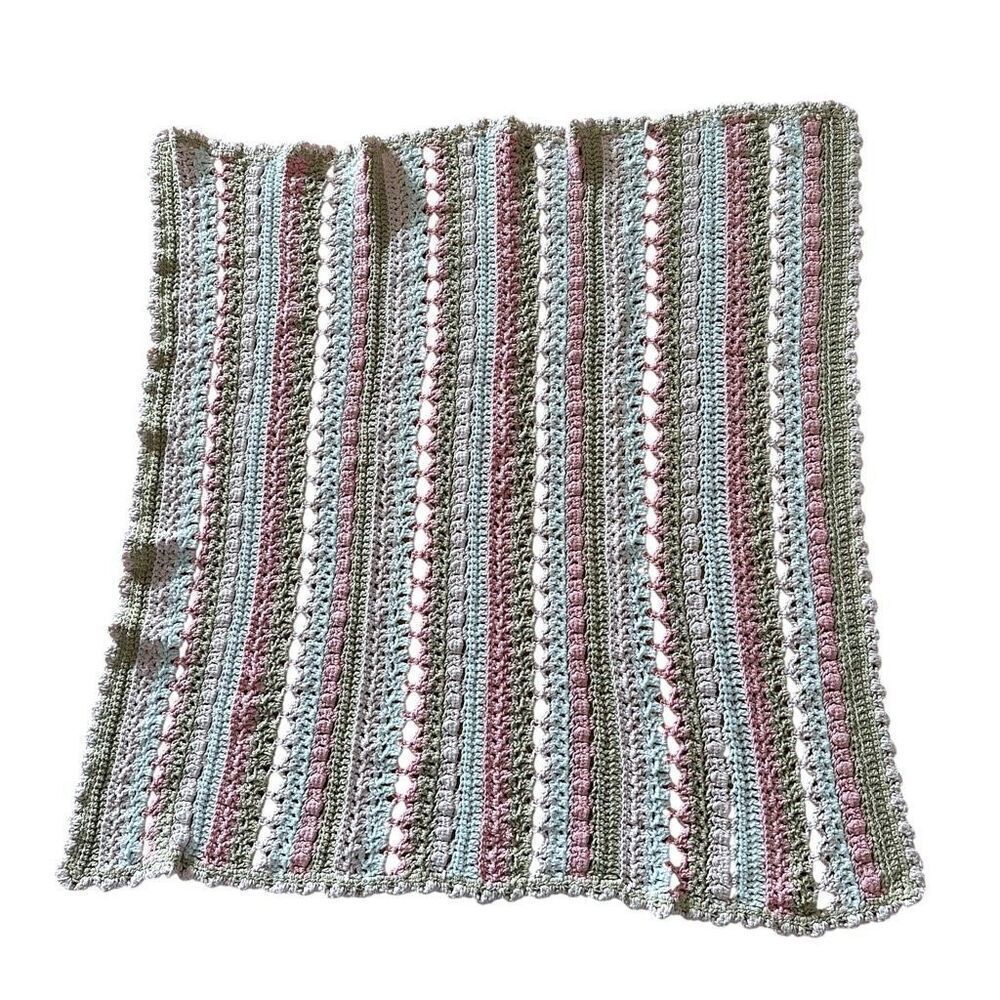 Hand Knit Baby Afghan Tan, White & Pink